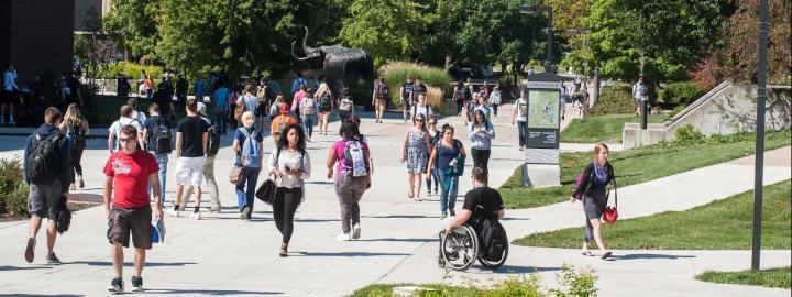 Students fill Mastodon Way when classes are over.